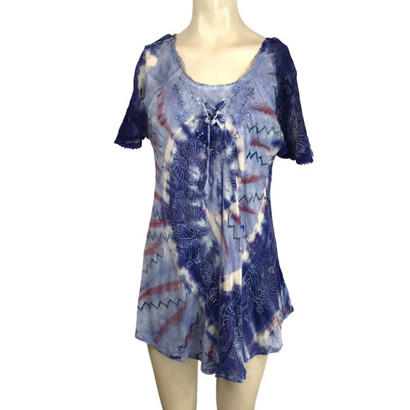 SAKKAS - WOMEN'S FREE SIZE BLUE TIE DYE SHORT SLEEVE ROUND NECK EMBROIDERED TOP - Picture 1 of 9